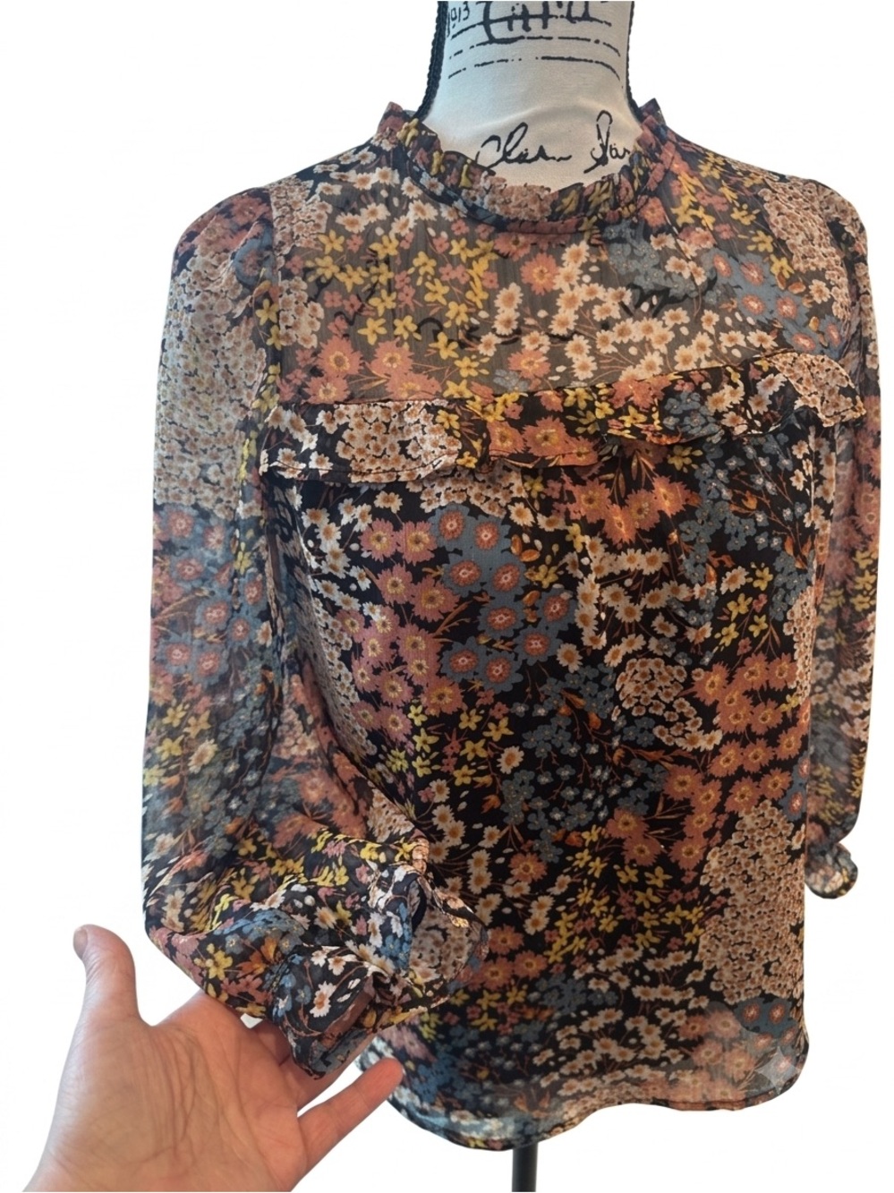 Monteau Floral Sheer Blouse in Black, Rust & Blue